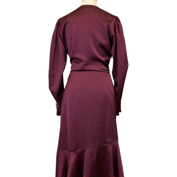 Calvin Klein Wine Coloured Satin Dress with Puff Sleeves (S) - Picture 3 of 3